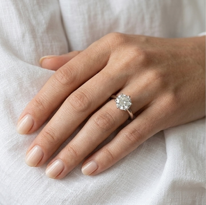 The Charm: 3 Carat Round Solitaire Lab Grown Moissanite 6-Prong Engagement Ring