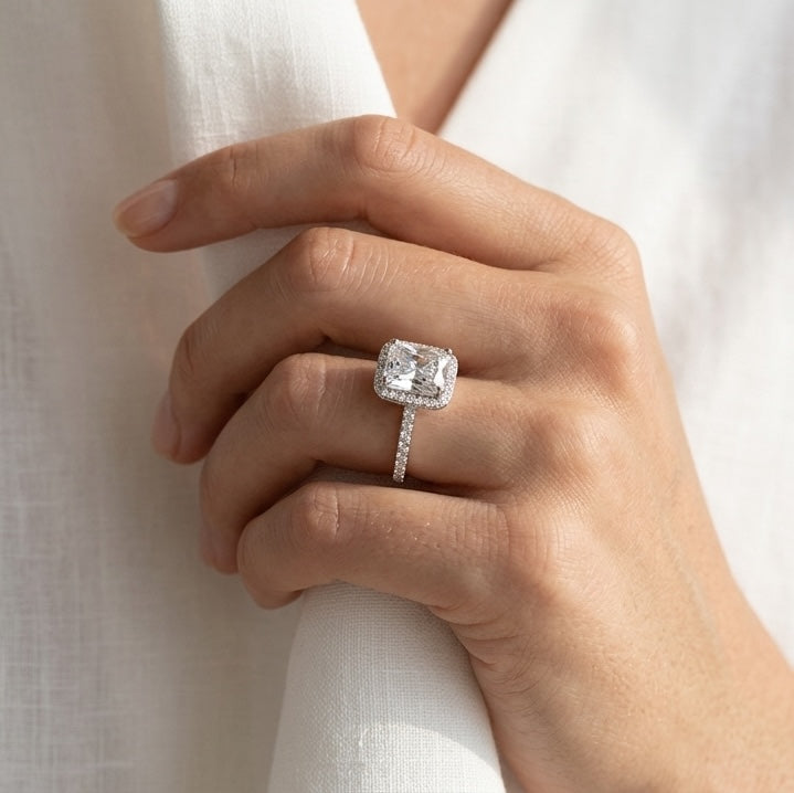 The Halo: 2 Carat Halo Lab Grown Moissanite Engagement Ring