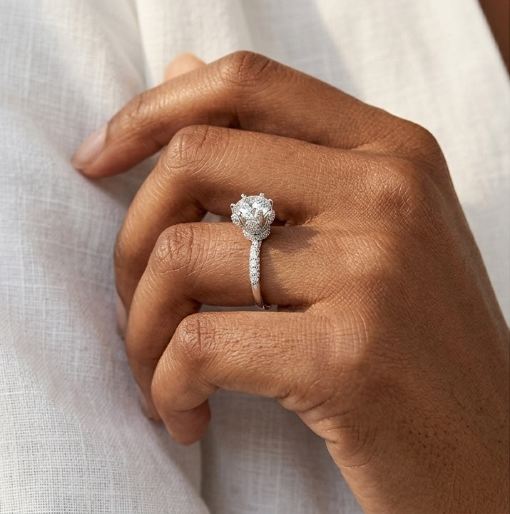 The Royal: 1 Carat Round Lab Grown Moissanite 6 Prong Engagement Ring