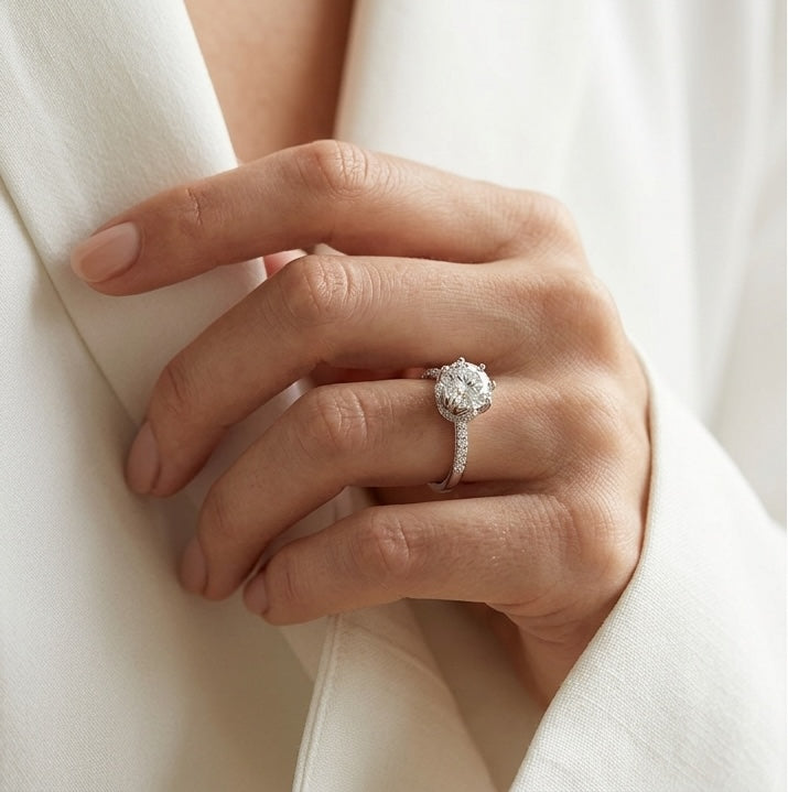 The Royal: 1 Carat Round Lab Grown Moissanite 6 Prong Engagement Ring