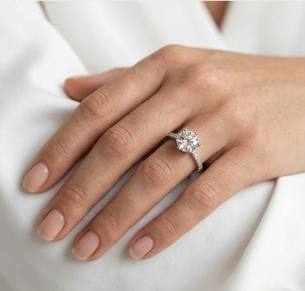 The Luxe: 2 Carat Round Lab Grown Moissanite Engagement Ring