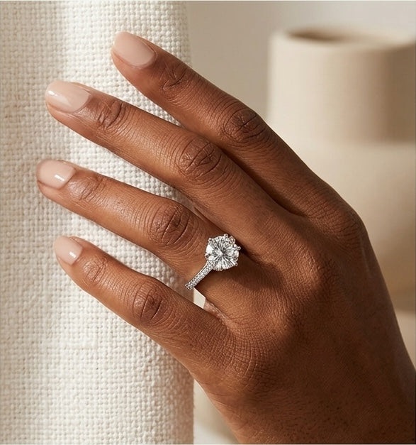 The Luxe: 2 Carat Round Lab Grown Moissanite Engagement Ring