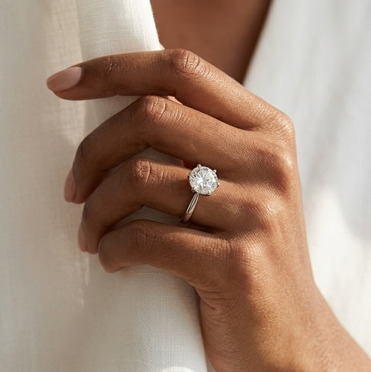 The Charm: 3 Carat Round Solitaire Lab Grown Moissanite 6-Prong Engagement Ring