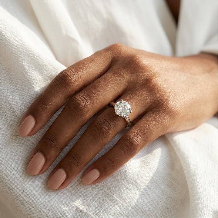 The Charm: 3 Carat Round Solitaire Lab Grown Moissanite 6-Prong Engagement Ring