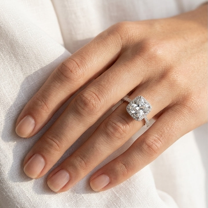 The Halo: 2 Carat Halo Lab Grown Moissanite Engagement Ring
